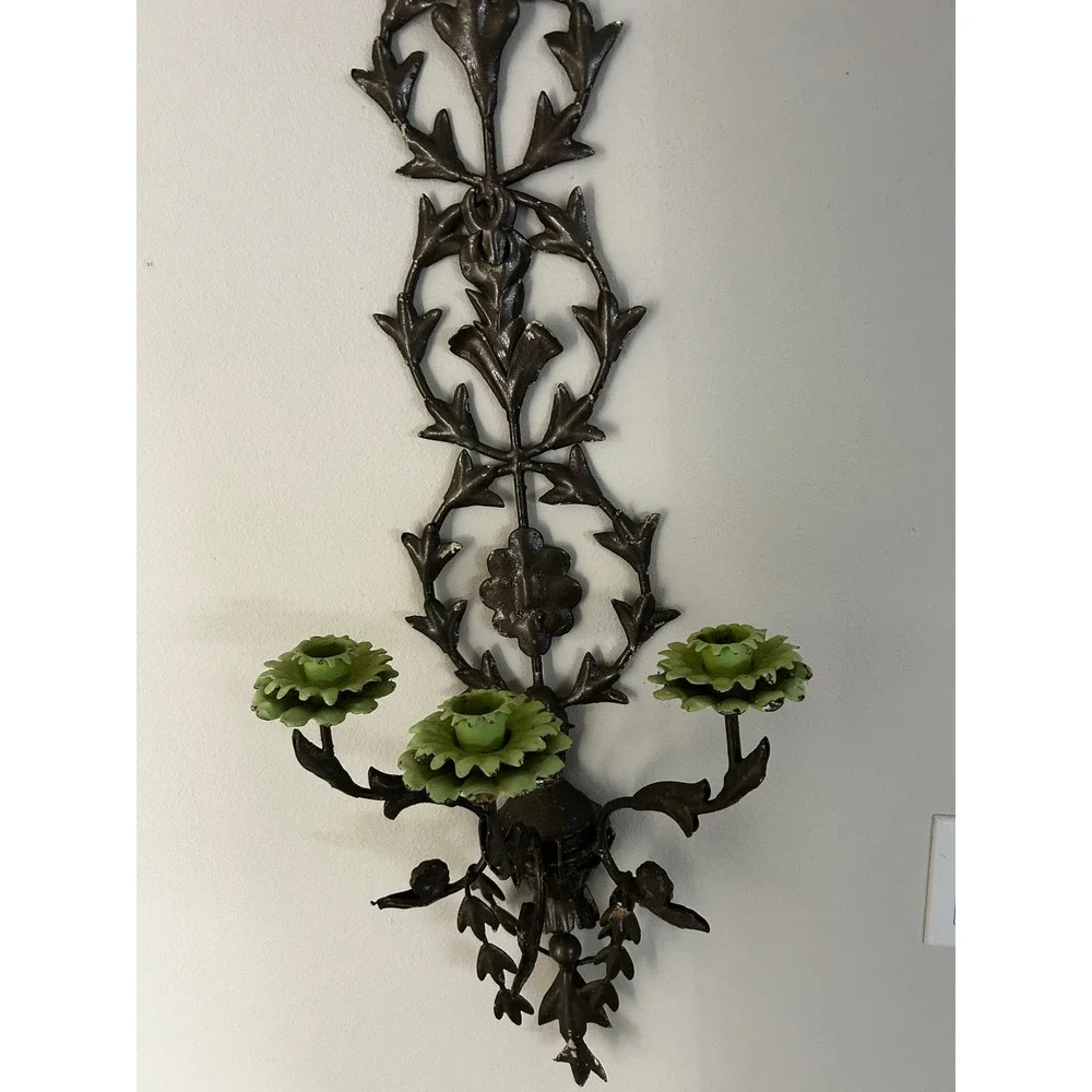 Antique Wrought Iron Wall Sconce Candelabra Green Flower Leaf Ornate Dark